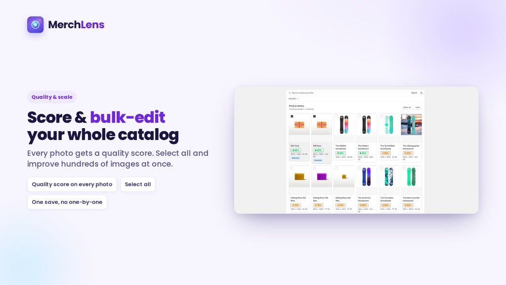 Catalog grid where every product photo has a quality score and several images are selected for a bulk edit.