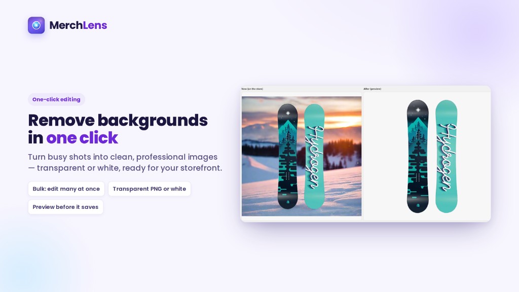 Remove backgrounds in one click. A snowboard photo goes from a busy snow scene to a clean white cutout.