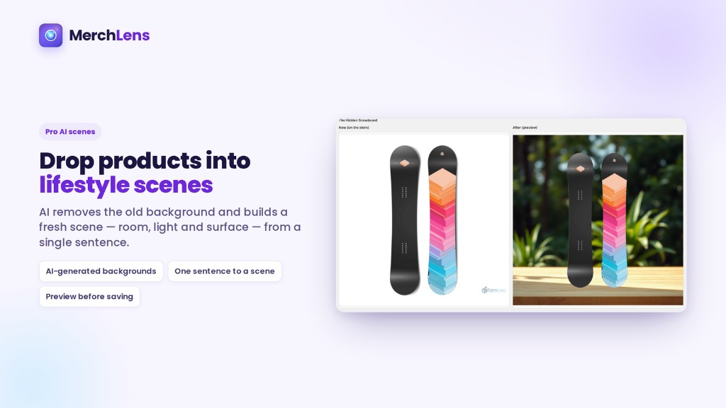 Pro AI scene: snowboards on white next to the same products placed in a lifestyle setting.
